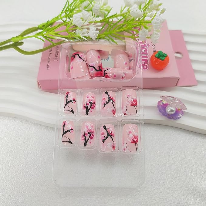Spring Press on Nails Medium Square Fake Nails with Floral Designs Pink Nails Press ons Glossy Glue on Nails Cute Acrylic Nails Daily Wear Nature False Nails Artificial Stick on Nails for Women 24Pcs