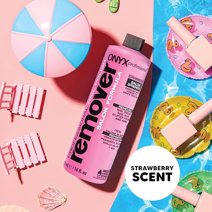 Onyx Professional Nail Polish Remover with 7 inch Nail File, Strawberry Scent, Made in USA, 16 fl oz - Moisturizing Formula, Acetone-based Gel Polish Remover, Enhanced with Vitamin E, Grape Seed Oil