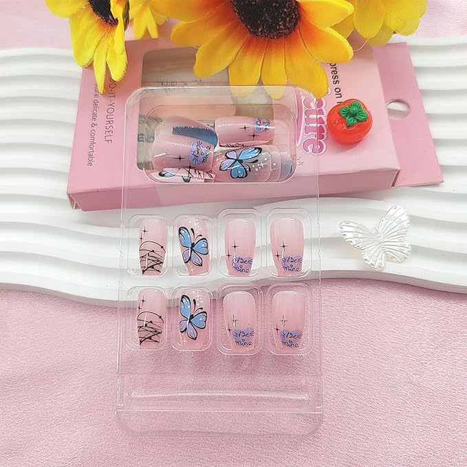Spring Press on Nails Short Coffin Fake Nails with Butterfly Designs Blue Glitter Nails Press ons Glossy Glue on Nails Nude Acrylic Nails Cute False Nails Summer Stick on Nails for Women 24Pcs