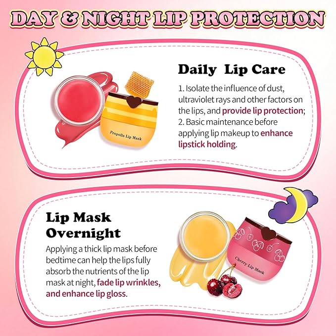 4PCS Lip Scrub and Mask Set,Cherry and Honey Pot Lip Balm,Strawberry and Watermelon Lip Exfoliator Scrub and Moisturizer,Repair Lips Sleeping Mask,Reduce Fine Lines Lips Care Set