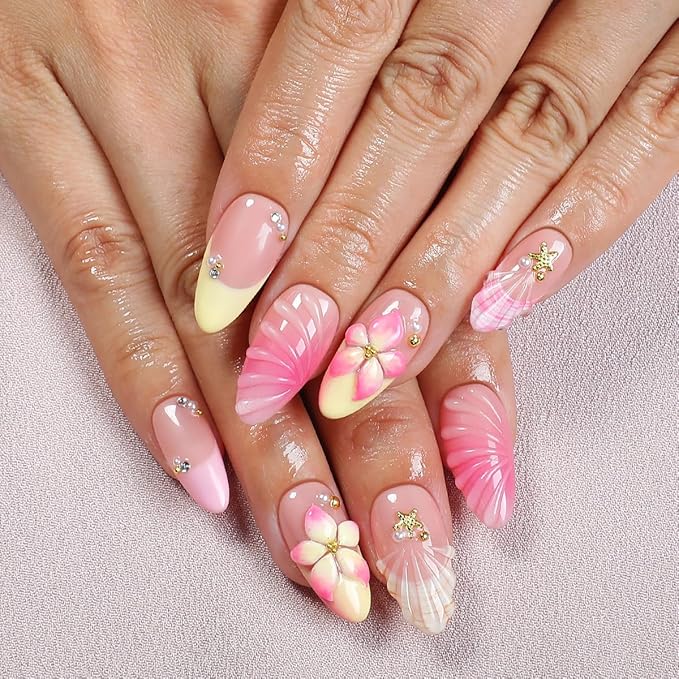 French Tip Press on Nails Medium Almond Fake Nails 3D Hawaii Hibiscus Flower Acrylic Nails with Gold Shell Starfish Design Yellow Pink Summer False Nail Full Cover Glossy Glue on Nails for Women 24Pcs