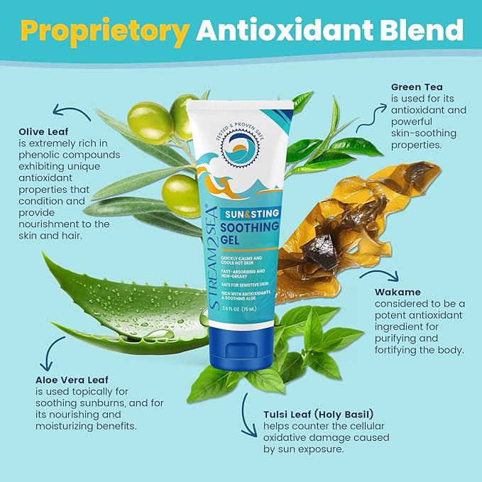 Stream2Sea Sun & Sting Aloe Soothing Gel for Face & Body, Organic Aloe Vera Gel for Sunburn Relief, Travel Size Aloe Vera Gel for Skin, Natural After Sun Care, Pure Aloe After Sun Gel, 2.5 Fl oz