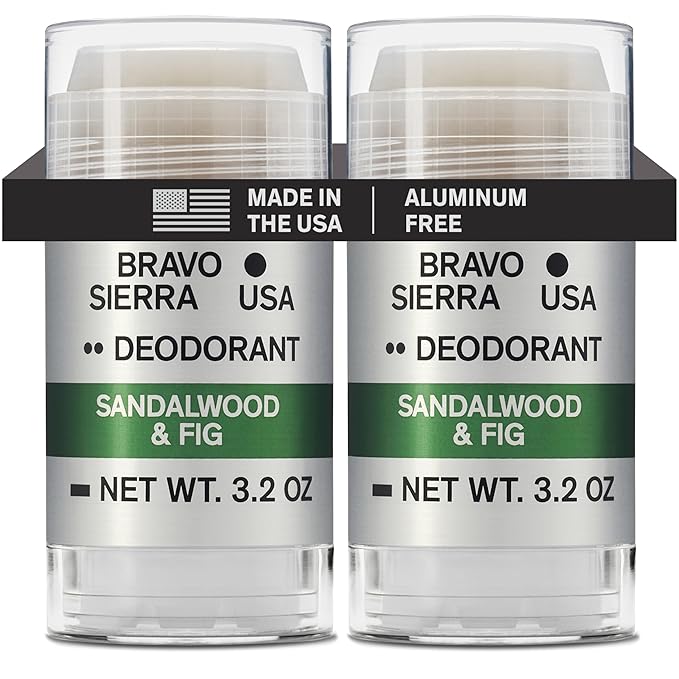 Aluminum-Free Deodorant for Men by Bravo Sierra, 2-Pack - Contains Natural Ingredients – Long Lasting All-Day Odor and Sweat Protection - Sandalwood and Fig, 3.2 oz -Paraben-Free, Vegan & Cruelty-Free