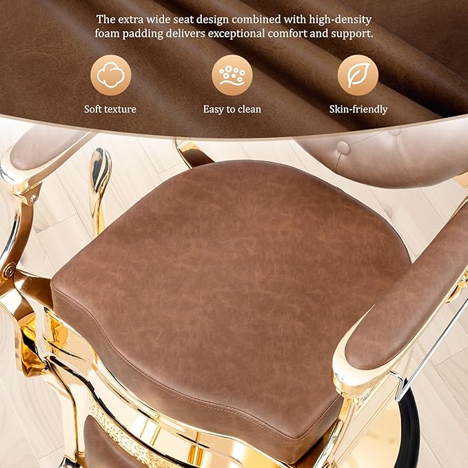 OmySalon Retro Barber Chair Heavy Duty, Aluminum Alloy Frame, Adjustable Headrest, Extra Wide Footrest, Hydraulic Salon Chair for Hair Stylist Reclining All Purpose for Beauty Spa Shampoo, Brown Gold