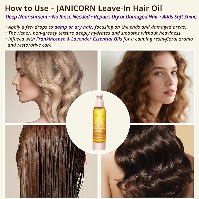 Hair Oil for Dry, Damaged Hair – Lightweight Leave-In Formula with Jojoba & Argan Oils for Deep Hydration, Frizz Control & Pre-Styling Care, Frankincense & Lavender Aroma, 3.4 fl oz / 100 ml