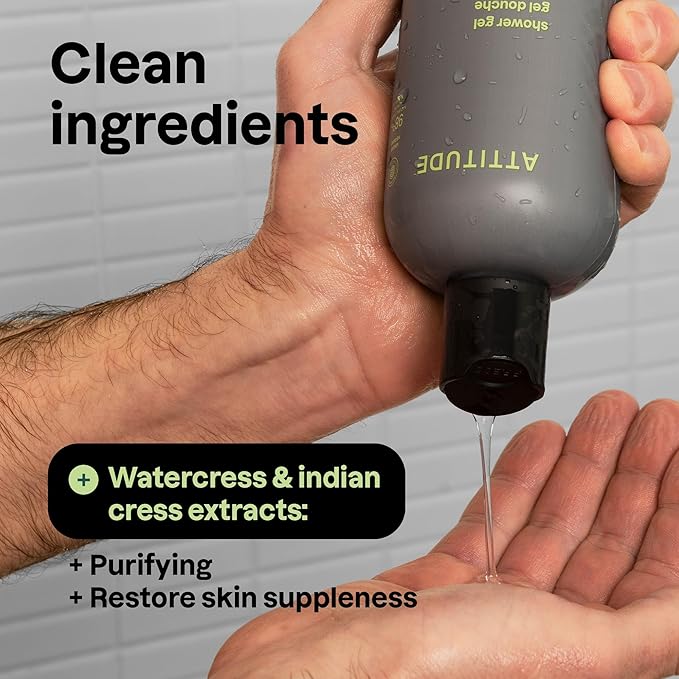 ATTITUDE Shower Gel Body Wash for Men, 98% Natural Origin Ingredients, Paraben & Phthalate Free, EWG Verified, Cleanses Without Drying, Matcha & Bergamot, 14 Fl Oz