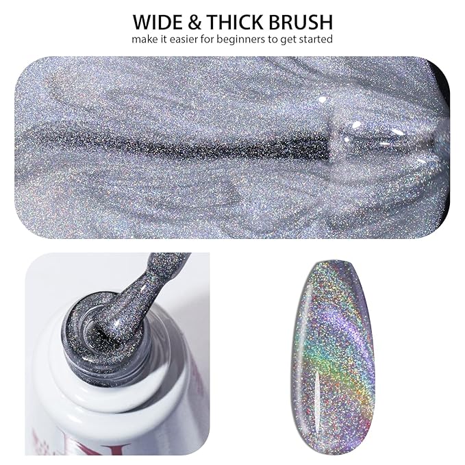 Cat Eye Gel Nail Polish 10ml 1pcs, Holographic Glitter Rainbow Cat Eye Gel Polish with 1Pcs Magnetic Stick for Nail Art Design Soak Off UV LED Magnetic Nail Polish Cat Eye Effect