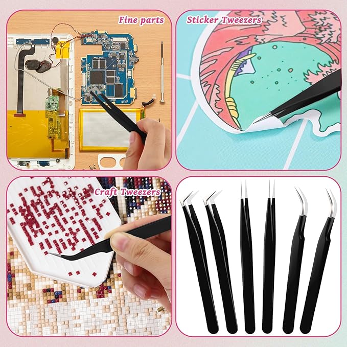 High Precision Lash Tweezers Set 6 Pack Stainless Steel Eyelash Extension Tweezers for Classic, Volume, Mega Volume Lashes, Facial Hair, Eyebrow, Hair Removal, Crafting Making(Black)