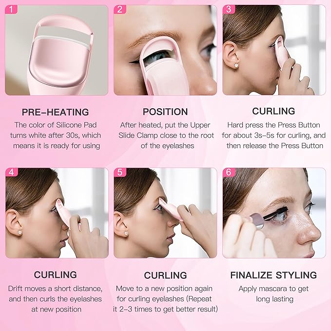 Heated Eyelash Curler Pro, 149F/167F Heat Settings, Food-Grade Silicone Pad, Rechargeable 600mAh Battery (Light Pink)