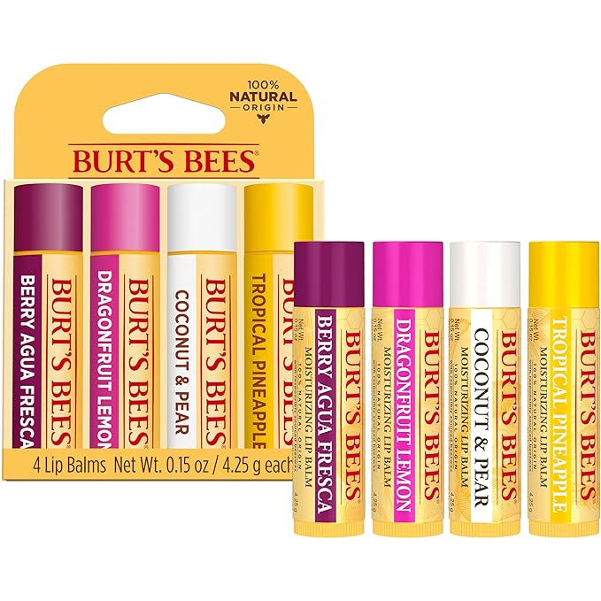 Burt's Bees Lip Balm - Berry Agua Fresca, Dragonfruit Lemon, Coconut & Pear, Tropical Pineapple Pack, With Beeswax, Tint-Free, Natural Origin Lip Treatment, 4 Tubes, 0.15 oz.