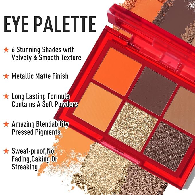 BOBISUKA Makeup Eyeshadow + Matte Lipstick Set, 6 Colors Orange Brown Warm Sunset Shimmer Matte Metallic Fall Eye Shadow Pallet with Orange Liquid Lipstick Makeup Kit for Halloween, Scary Pumpkin