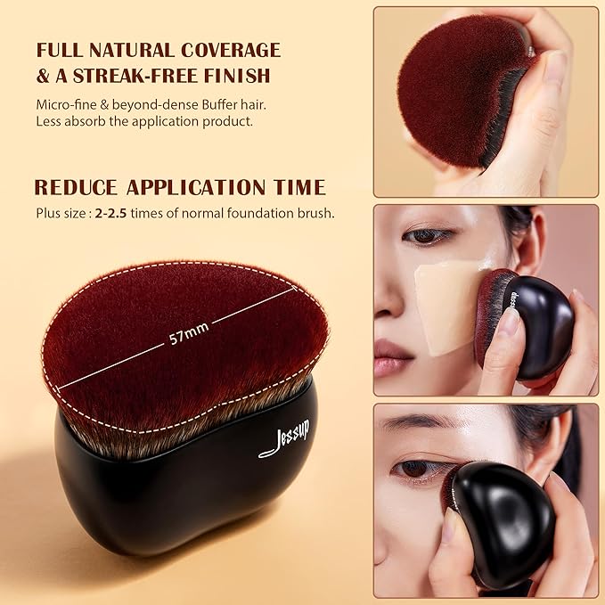 Jessup Foundation Brush with Makeup Sponge, Black Makeup Brush Flat Top Kabuki Brush for Liquid Blending Stippling, T881