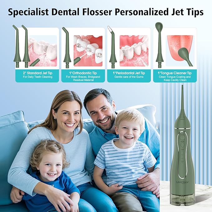 Leominor Water Dental Flosser Pick for Teeth, 300ML Portable Oral Irrigator Upgraded Tank Removable,IPX7 Waterproof, Rechargeable Travel Teeth Cleaner, Professional Electric Flossing Machine(O-Green)