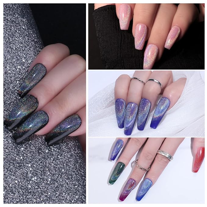 Cat Eye Gel Nail Polish 10ml 1pcs, Holographic Glitter Rainbow Cat Eye Gel Polish with 1Pcs Magnetic Stick for Nail Art Design Soak Off UV LED Magnetic Nail Polish Cat Eye Effect