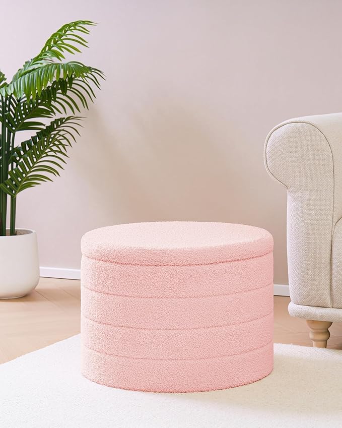 B FSOBEIIALEO Ottoman with Stroage, Round Sherpa Storage Ottoman Stool, Boucle Foot Rest22 x 22"x15.75" (Pink