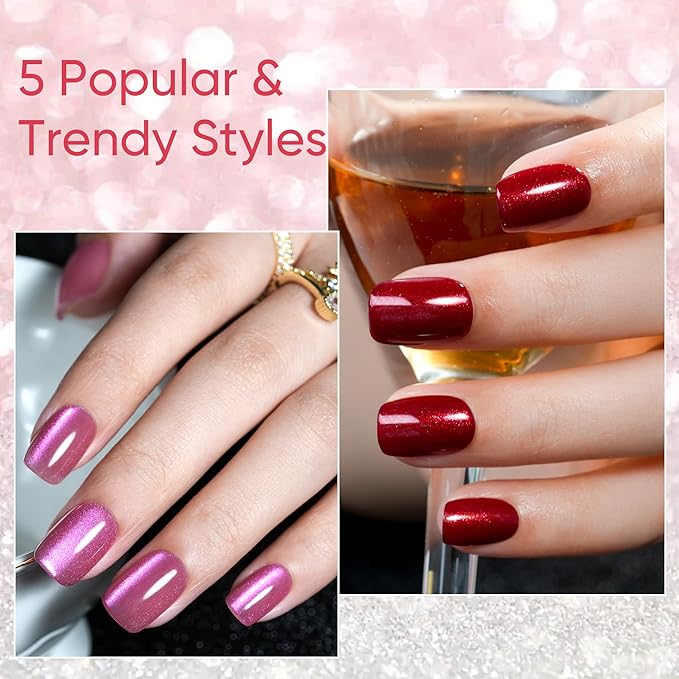 Press on Nails Short 5 Styles, Jofay Fashion 160Pcs Salon-Like Fake Nails with Chrome/Rainbow Laser/Chasing Light Cat Eye Designs, Acrylic French Tip Press on Nails Glue on Nails