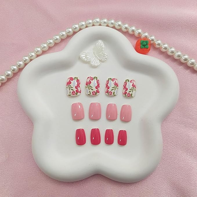 24pcs Pink Red Floral Designs Coffin Press-On False Nails with Glossy Finish, Full Cover Nail, Plastic Material, Quick to Put On, Full Well Tips