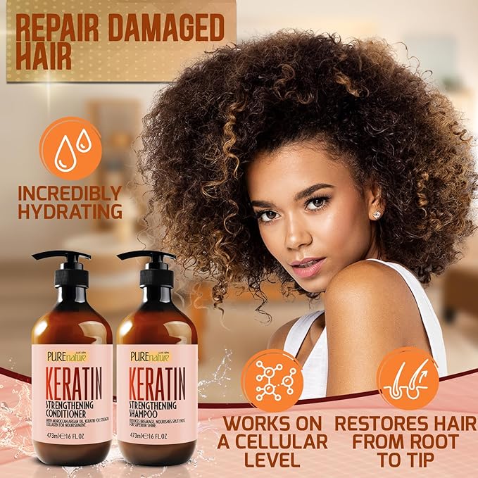 Keratin Shampoo and Conditioner Set - Sulfate and Paraben Free Treatment for Dry Hair - Anti Frizz, Collagen Enriched Formula for Curly or Damaged Hair - Safe for Men and Women with Color Treated Hair