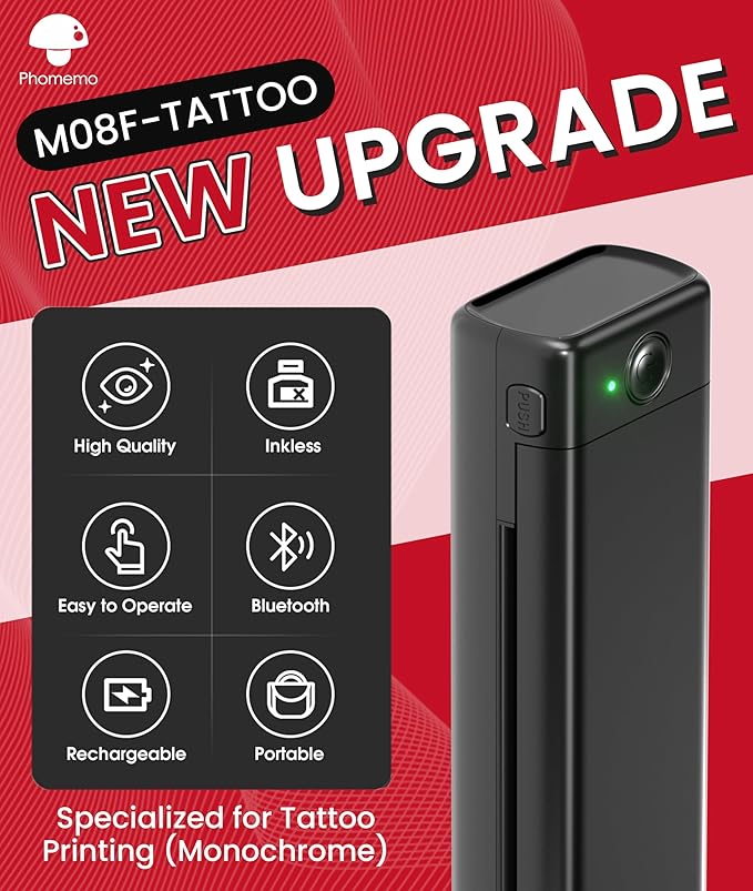 Phomemo Bluetooth Tattoo Stencil Printer, Wireless M08F Tattoo Machine with 10pcs Free Transfer Paper, Thermal Portable Printer for Artists & Beginners, Compatible with Phone, Tablet & PC, Black