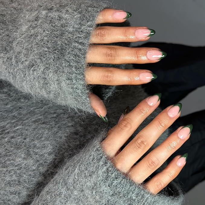 30Pcs Dark Green French Tip Press on Nails Short Almond Nails Press ons, Short Fake Nails Almond Shaped Acrylic French Glue on Nails False Nail for Women, Natural Stiletto Nail 15 Sizes