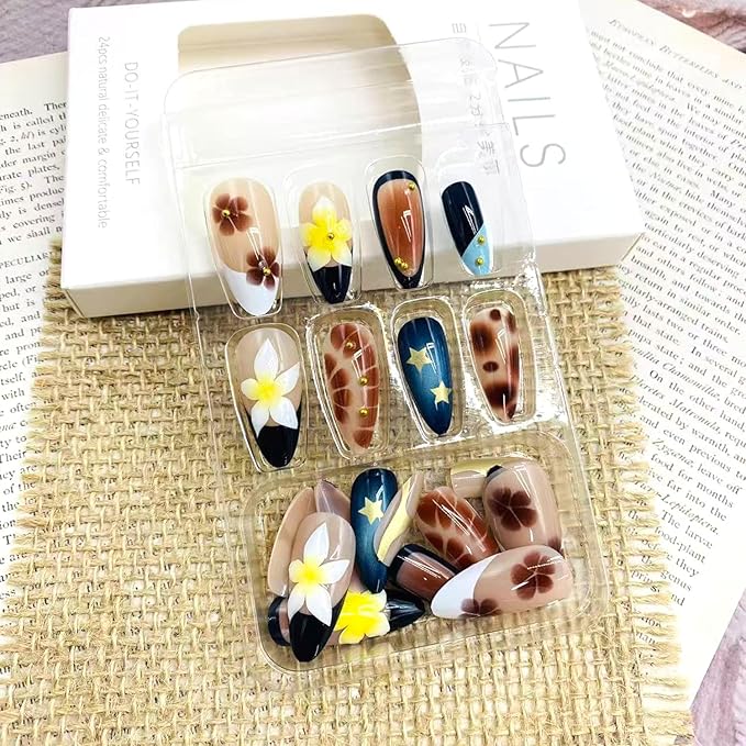 Fall French Tip Press on Nails Medium Almond False Nails with Gold 3D Design Full Cover Glue on Nail Reusable Colorful Flowers Acrylic Fake Nails Glossy Artificial Stick on Nail for Women