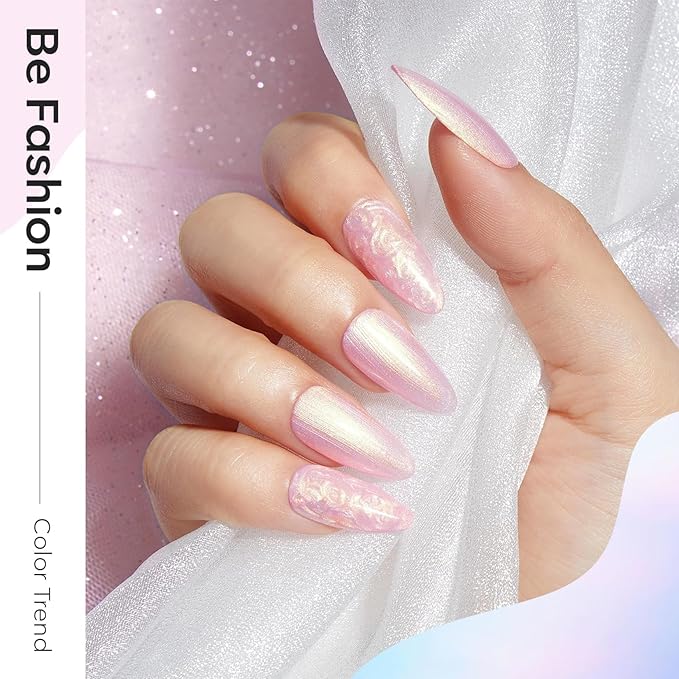 modelones Pearl Gel Nail Polish Set, 6 Colors Aurora Iridescent Shimmer White Pink Purple Mermaid Nail Drawing Glitter Gel Polish Soak Off Led Swirl Shell Thread Effect with Dotting Pen DIY Mani Gift