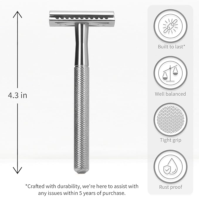Bambaw Double Edge Safety Razor for Men & Women, Metal Razor with 5 Double Edge Safety Razor Blades, Eco-Friendly Razor – Silver