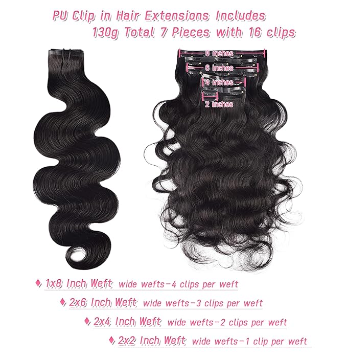 Essent Seamless Body Wave Clip in Hair Extensions Seamless Real Human Hair, 18 Inch 1Pack 130g 7Pcs Human Hair Extensions for Women Natural Black