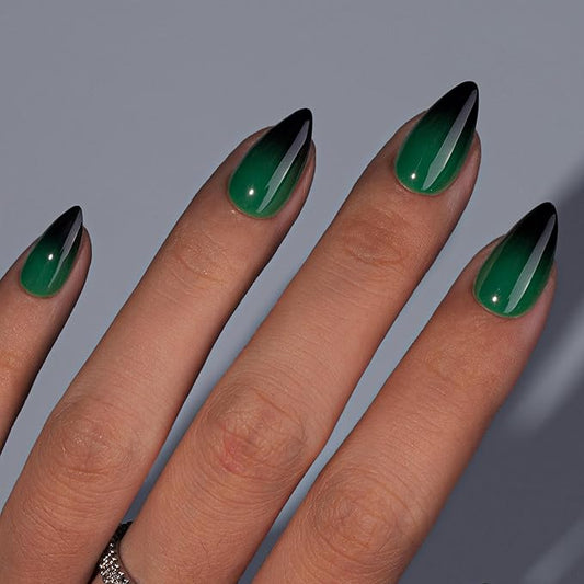 KQueenest Halloween Press On Almond, Ombre Green Black Press On Nails Short Stiletto, Dark French Fake Nails With Glue, Gradient Glue on Nails with Design, Reusable Stick on Nail for Women, 30 Pcs
