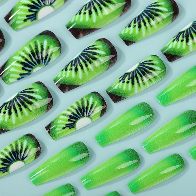 Coffin Press on Nails Long Fake Nails Green False Nails with Designs Artificial Nails Glossy Stick on Nails for Women 24pcs