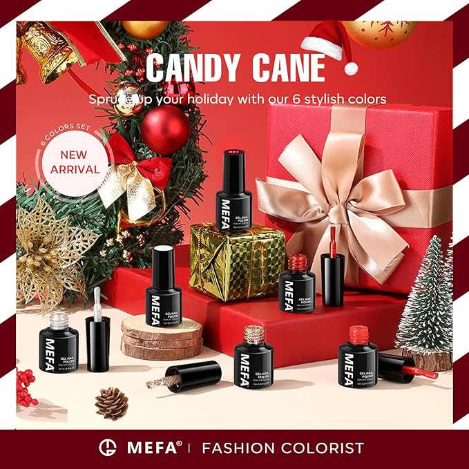 MEFA 6 Colors Red Gel Nail Polish Set, Fall Winter Christmas Glitter Shades Sparkle Silver Champagne Love Times Tones Salon Decorations Nail Art Design at Home Manicure DIY Kit Gifts for Women Girl