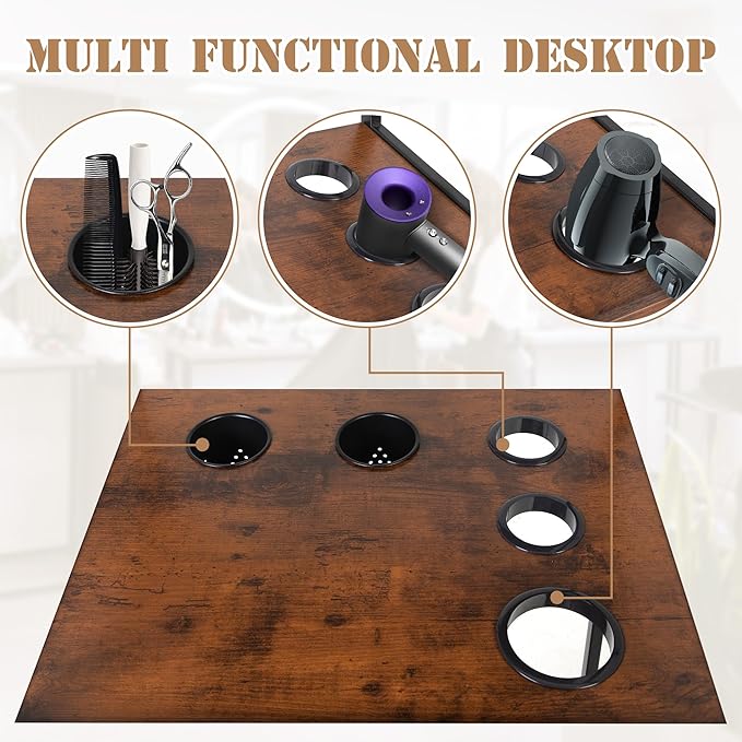 Industrial Salon Station for Hair Stylist, Beauty Spa Shelf and Storage Cabinet with Dryer Hole, 7 Tool Holders, Power Outlets, Styling Equipment for Barber Bathroom, 70.8" H, Rustic Brown