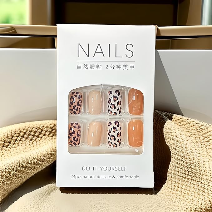 24Pcs Leopard Print Press on Nails Medium Square Fake Nails Nude Nails Press ons Cheetah Stick on Nails Full Cover Artificial Nail Brown Black Acrylic Nails Solid Color False Nails for Women Girls