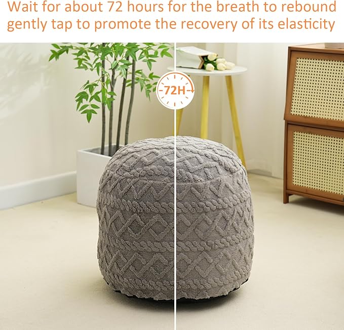 Round Stuffed Pouf Ottoman for Foot Rest, Faux Fur Poufs with Foam Chunk Filling, Storage Ottoman Pouf Foot Stool Cushion, 20 X 15 InchFloor Poufs Foot Rest for Living Room Bedroom Home Decor (Grey)
