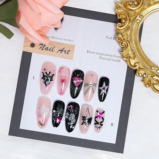 24Pcs Halloween Press on Nails Almond Medium Fake Nails Y2k Bat Cat Heart Star Rhinestone Design Gothic Acrylic Nails Black Pink Glue on Nails Bow False Nails Halloween Artificial Nails for Women