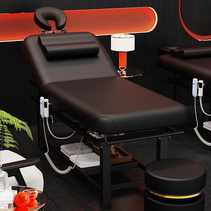 pouseayar Heating Function Heavy Duty Electric Stationary Massage Table with Backrest Adjustable and Storage Space for Treatment/Medical Spa/Facial/Beauty/Massage Bed - 30 x 75 - Black