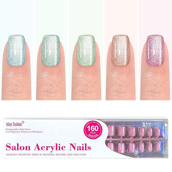 Press on Nails Short 5 Styles, Jofay Fashion 160Pcs Summer Cat Eye Press on Nails for Women, Reusable Opaque Gel Fake Nails, Square Glue On Nails in 16 Sizes, Blooming Flowers