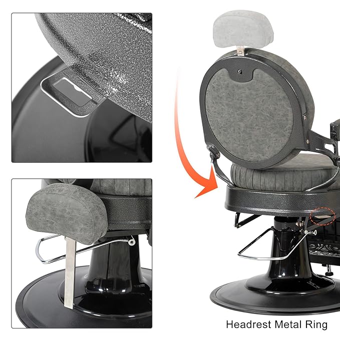 Winado Heavy Duty Vintage Recline Barber Chair Hydraulic with Headrest, Supports up to 700lbs & 360° Rotatable, Professional Salon Beauty Spa Shampoo Equipment (Grey - Button Style)