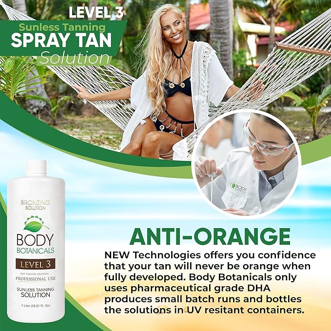 Professional Sunless Tanning Spray Tan Solution, Organic Essential Oils, Airbrush Formula, 33.8 Fl Oz. (Level 3 (12% DHA))