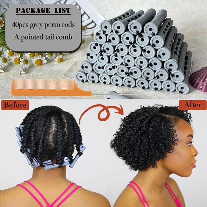 Perm Rods Set for Short Natural Hair 40pcs Gray Plastic Cold Wave Rods Hair Curling Rollers with Steel Pintail Comb Rat Tail DIY Hairdressing Tools（40pcs Gray）