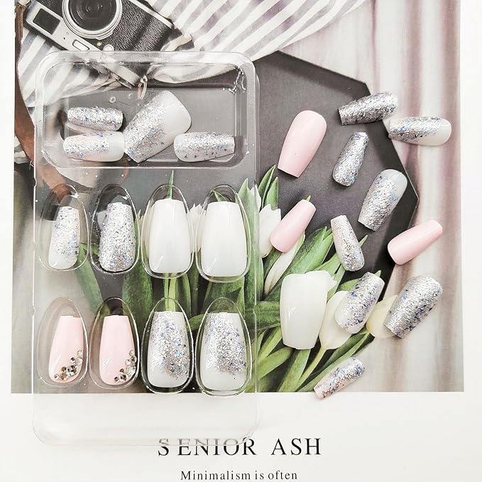 Press on Nails Coffin Short False Nails with Silver Glitter Design, White Silver Full Cover Fake Nails, Artificial Acrylic Glossy Stick on Nails for Women 24 Pcs