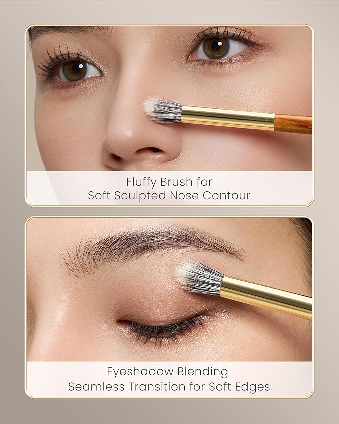 Desert Oak Series Stippling Brush - Dual-Length White & Gray LambsGoat Hair Bristles, Sloped Edge for Cream/Powder Perfection, Ebana Handle & Brass Ferrule (CM 168)