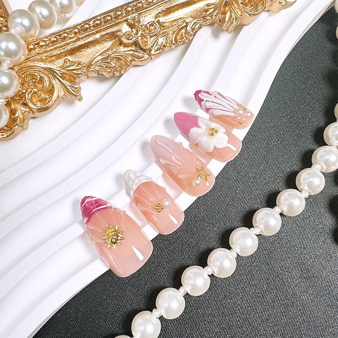 10pcs Handmade Press on Nails Medium Almond Fake Nails with 3D Flower Gold Beads Star Designs French Tip False Nail Summer Fall Acrylic Nails Full Cover Glue on Nail for Women Nail Decoration