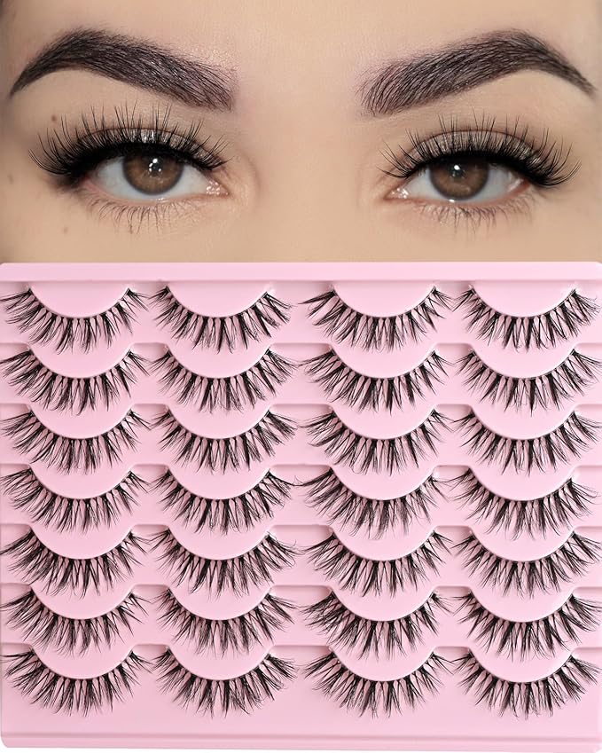 FARRED Cat Eye Lashes False Eyelashes Natural Look Clear Band Wispy Lashes 14 Pairs Lash Strips Hybrid Full Cateye Medium Length Strip Lashes Pack Pestañas (F28 | 8-14mm)