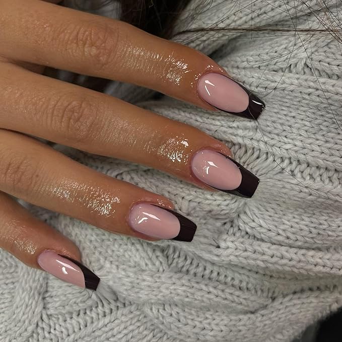 30Pcs Black French Tip Press on Nails Short Coffin Nails Press ons, Short Fake Nails T Shaped Acrylic French Glue on Nail False for Women, Natural Stiletto15 Sizes