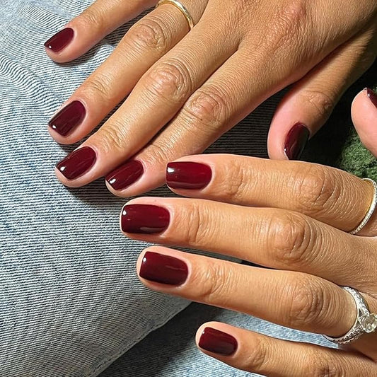 KQueenest Burgundy Red Press on Nails Short Square Nails Set, Dark Color Fake Nails Short, Small Gel Nails Press Ons, Acrylic Glue on Nails, Natural Short Nails, Petite False Nails in 24 Pcs