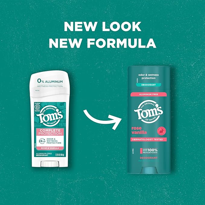 Tom's of Maine Rose Vanilla Aluminum Free Natural Deodorant For Women & Men | Goes on Clear | Odor & Wetness Protection | Naturally Derived and Moisture-Locking Ingredients | 3.25 oz (2 Pack)