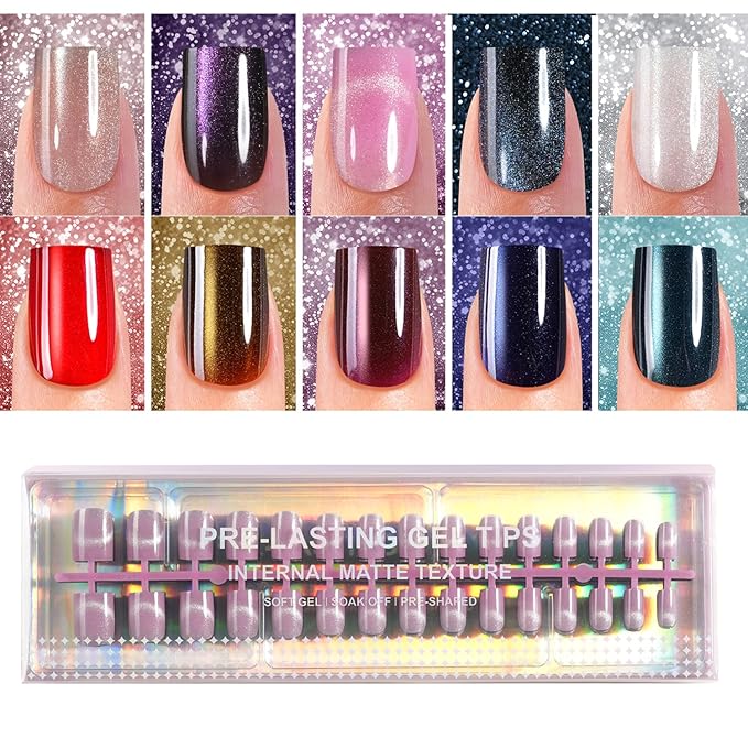 Cat Eye Press on Nails, 300Pcs XS Short Square Cat Eye Nail Tips, Glossy Glitter Soft Gel Fake Nails for Women and Girls Stick On Nails in 15 Sizes