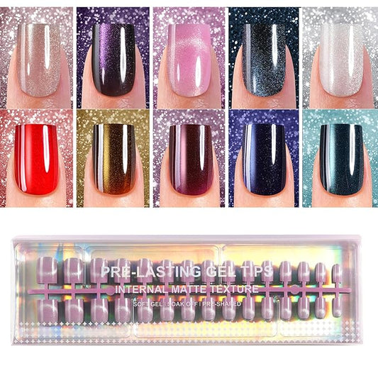 Cat Eye Press on Nails, 300Pcs XS Short Square Cat Eye Nail Tips, Glossy Glitter Soft Gel Fake Nails for Women and Girls Stick On Nails in 15 Sizes