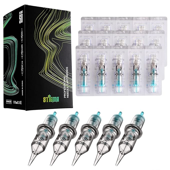 STIGMA Aquamarine Knight Bugpin Tattoo Cartridges Assorted 50pcs of Round Liner #10 0.3mm RL(1003RL 1005RL 1007RL 1009RL 1011RL) Disposable Tattoo Cartridge Needles EN02B-50KIT-R